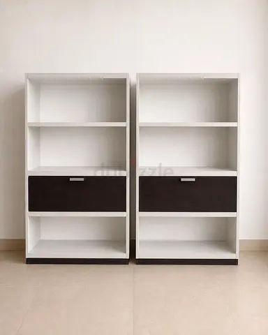 Set of 2 White  Dark Brown Storage Bookcases with Drawers