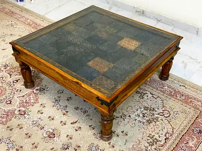 Marina wooden vintage coffee table with inside marble design Top Glass