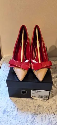 Dune London Red and Nude Pointed Bow Heels, Size 38 (5/38)