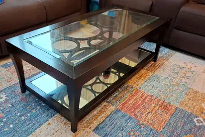 Wooden Coffee Table with Glass Top and Lower Shelf - Dark Brown