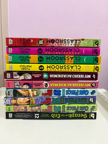 Various Manga books ( assassination classroom, my hero academia,one piece, seraph of the end)