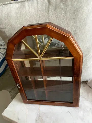 Small Wooden Display Cabinet with Glass Door and Brass Trim