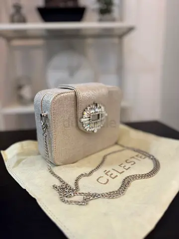 Beige Céleste Box Clutch with Chain and Crystal Brooch
