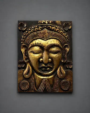 Hand-carved wooden Buddha Wall Plaque — Vintage Decorative Art 30 x 38 cm