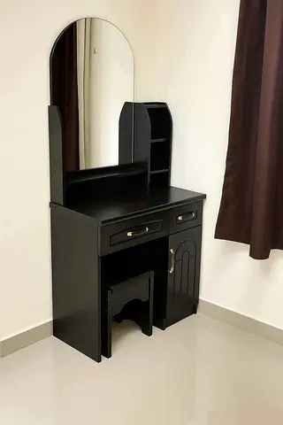 Black Wooden Dressing Table with Mirror, Drawer and Stool