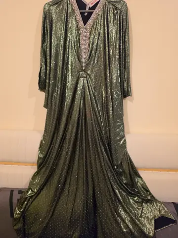 Olive Green Shimmery Kaftan Dress with Embellished V-Neck - Size M