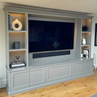 Grey Entertainment Center with Shelving
