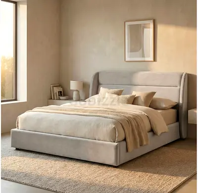 king upholstered platform bed- beige