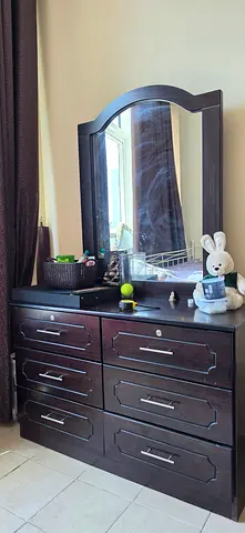 Dark Wood Dresser with Large Mirror - 6 Drawers, Good Condition