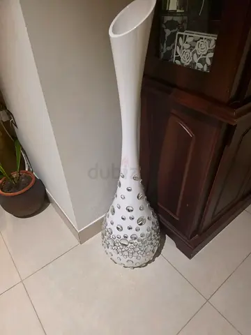 Tall decorative floor vase with glass bead accents - white