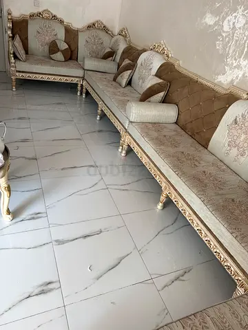 Large ornate Arabic-style sectional sofa set, cream and gold