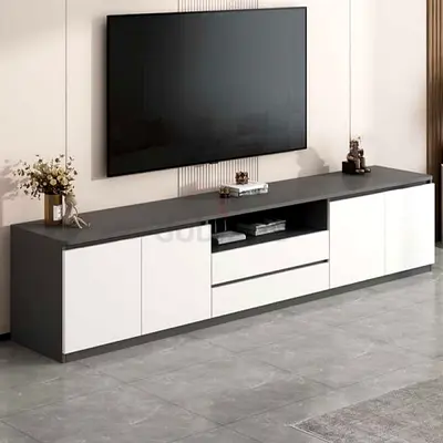 Modern low-profile TV cabinet with storage - white and grey
