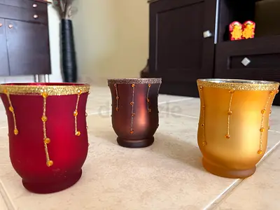 Set of 3 Decorative Glass Candle Holders — Red, Brown, Gold
