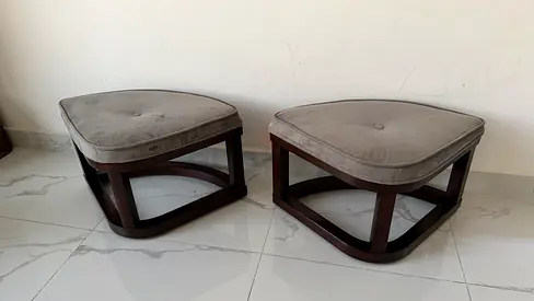 Pair of Grey Tufted Ottomans with Dark Wood Frame