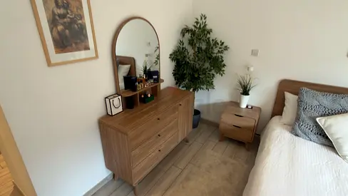 Mid-century wooden dresser with matching bedside table and mirror - good condition