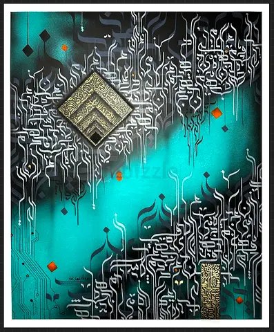 Abstract Islamic Calligraphy Artwork on Teal Canvas
