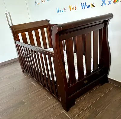 Crib - Boori Solid Dark Wood Sleigh Baby Cot