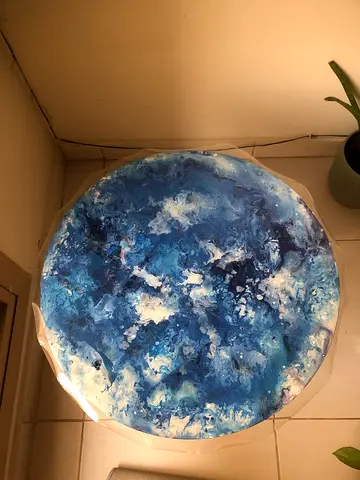 Handmade round blue wooden coffee side table.