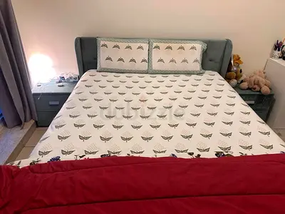 Upholstered Velvet Double Bed Queen size, with 2 side tables, Good Condition