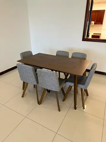 Wooden Dining Table with 6 Grey Upholstered Chairs - Great Condition