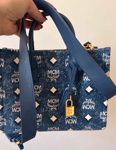 MCM Small Munchen Tote in Denim Blue with Lock Charm