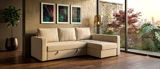 Beige L-shaped Sofa with Storage and Pull-out Bed