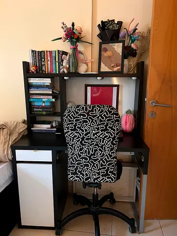 Compact study desk with shelving and swivel chair - good condition