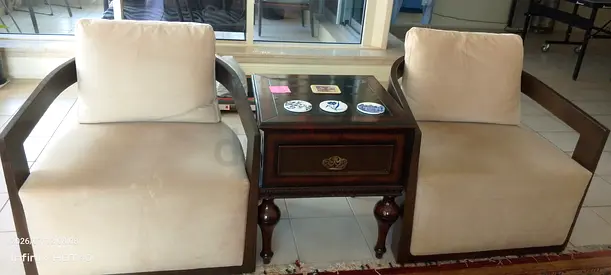 Pair of Wooden Frame Armchairs with Centre Side Table - Good Condition