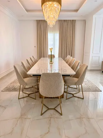 Marble-top Dining Table with 12 Upholstered Chairs - Excellent Condition