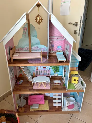 Wooden 3-Storey Dollhouse with Furniture - Good Condition