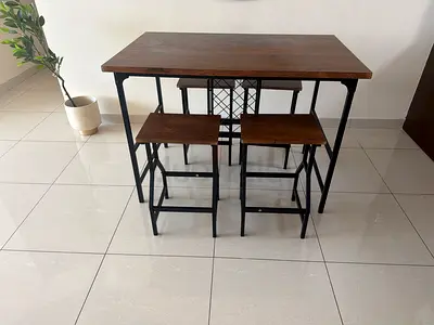 Compact 3-Piece Wooden Table and Stools Set - Industrial Style
