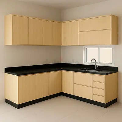 L-shaped Modern Kitchen Cabinets - Light Wood Finish