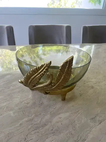 Glass decorative bowl with gold leaf stand - small centerpiece