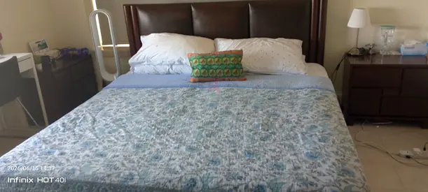 Double king size bed frame with headboard and mattress - good condition