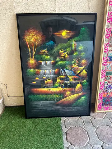 Framed Thai Village Night Scene Painting - Large Wall Art