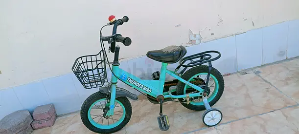 Kids turquoise Thunder Bird balance bike with training wheels and basket