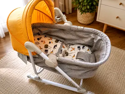KinderKraft Unino 5-in-1 Convertible bassinet rocker with canopy - grey yellow