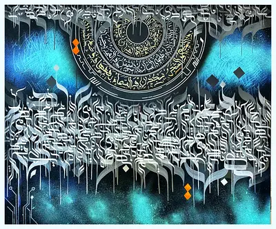 Original Arabic Calligraphy Canvas Painting with Turquoise Accents