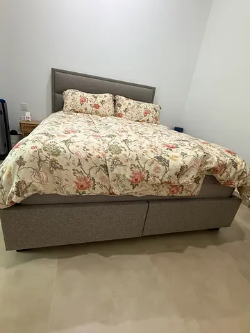 Queen fabric bed frame with storage — good condition