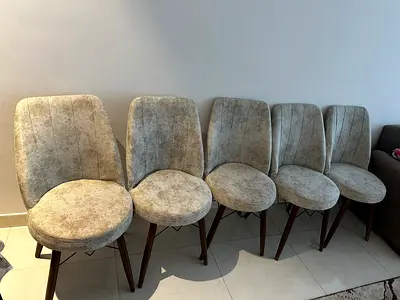 Set of 5 Beige Upholstered Dining Chairs with Wooden Legs