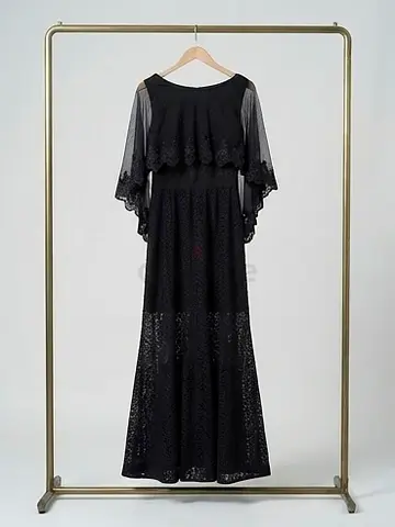 Black Lace Evening Dress with Sheer Capelet