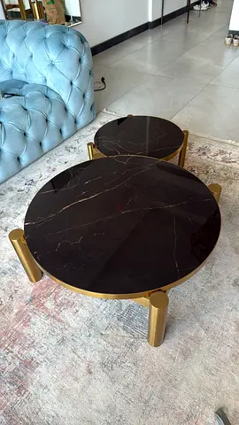 Set of 2 Round Black Marble Top Coffee Tables with Gold Legs