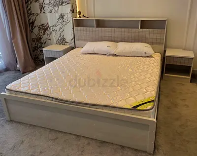 King bed with mattress, bedside tables wood set