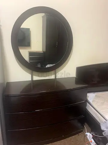 Dark Wood Dresser with Round Mirror - 3 Drawers, Good Condition
