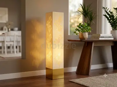 Tall Decorative Floor Lamp with Patterned Shade and Brass Base
