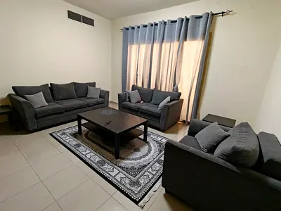3-piece grey sofa set with coffee table, Rug and Curtains - Excellent condition