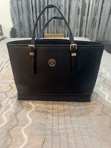 Black structured tote handbag with gold accents - medium size