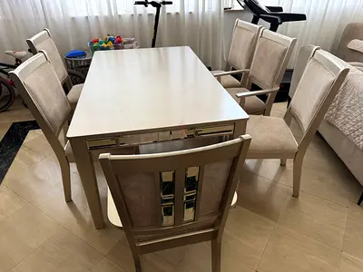 6-seater dining table with padded chairs - light beige set طاولة طعام 6 اشخاص