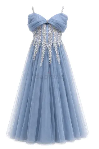 Light Blue Tulle Evening Gown with Embroidered Bodice, Free Size due to a corset