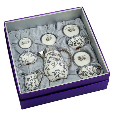 Brand newPorcelain Tea Set with Floral Silver Trim - Complete 6-Cup Set